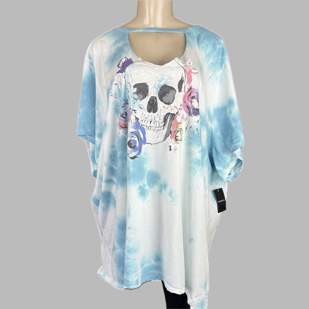 Lovesick 6X Edgy Goth Blue Tie Dye Floral Skull Graphic Raw Edge Choker Neck Tee